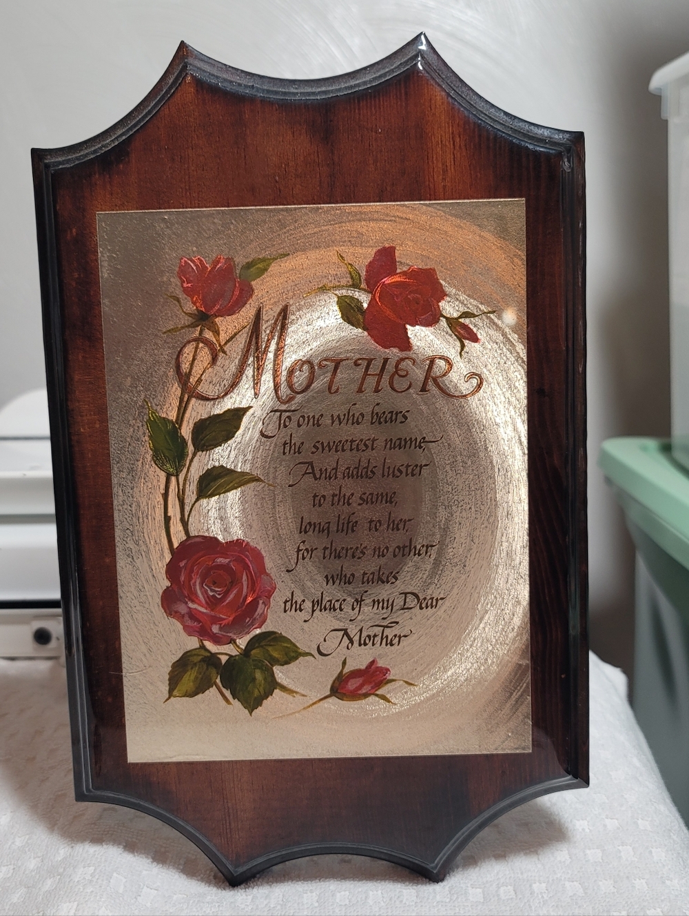 Vintage 80's Scafa-Tornabene 'Mother' Wall Plague. Rose Floral  - Pink and Gold